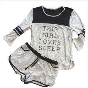 "This Girl Loves Sleep" Sleepwear Short Set Gray and Black with Silver Trim